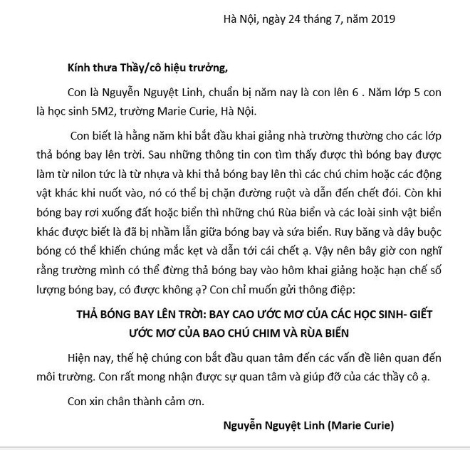 Mẹ cô bé lớp 5 viết thư mong các trường không thả bóng bay: Hy vọng lớn lên, con sẽ không chịu áp lực vì bức thư hôm nay - Ảnh 1.