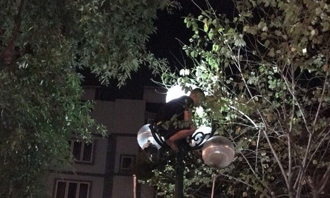 Hàng chục cảnh sát giải cứu nam thanh niên “ngáo đá” leo cột đèn Hà Nội - Ảnh 2.
