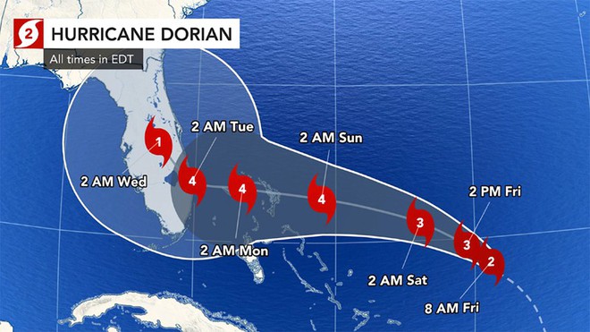 Bão Dorian mạnh lên cấp cực kì nguy hiểm đang tiến vào nước Mỹ - Ảnh 1.