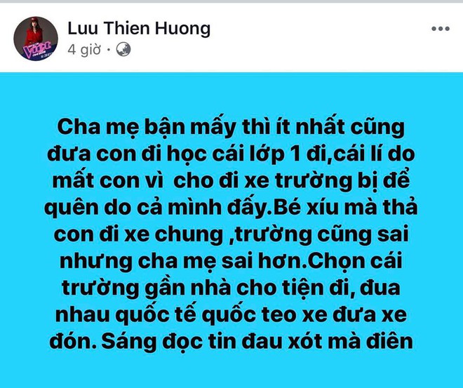 Lưu Thiên Hương gây bức xúc với phát ngôn sau vụ bé tử vong ở trường Gateway: Con mất là do cả cha mẹ đấy! - Ảnh 1.