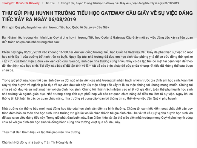 Trường Gateway bổ sung thêm nội dung vào TCBC: Chính thức xin lỗi gia đình học sinh lớp 1 tử vong do bị bỏ quên trên xe đưa đón - Ảnh 3.