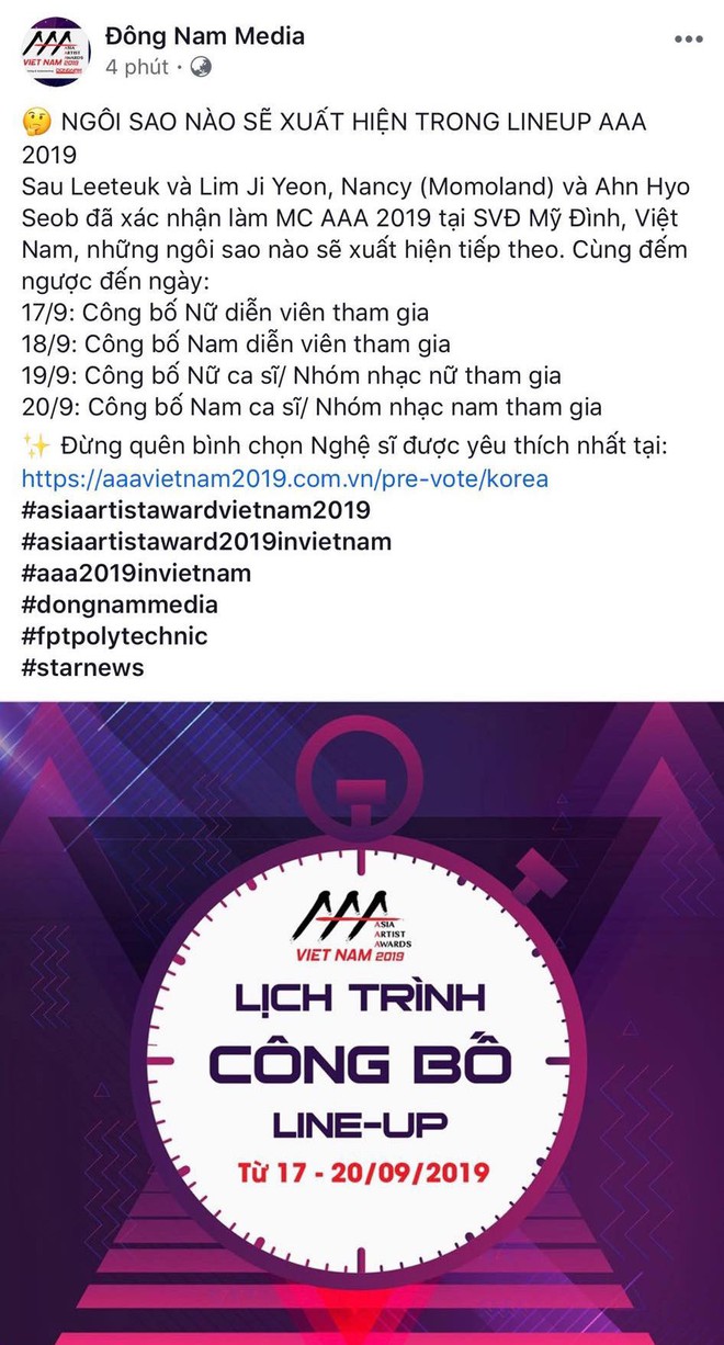 HOT: Đã có chi tiết lịch công bố line up chính thức của lễ trao giải khủng AAA 2019 tại Việt Nam, chia theo tiêu chí gì? - Ảnh 1.