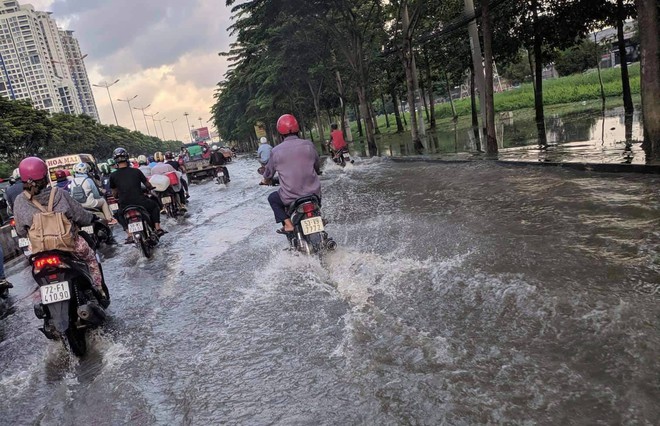 Mưa lớn kèm triều cường, nhiều tuyến đường ở Sài Gòn ngập nặng - Ảnh 1.