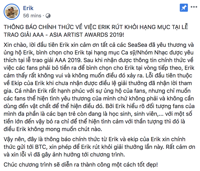 Erik là cái tên thứ 5 xin rút khỏi danh sách đề cử giải AAA 2019 vì lý do không muốn fan bỏ tiền ra để bình chọn - Ảnh 1.