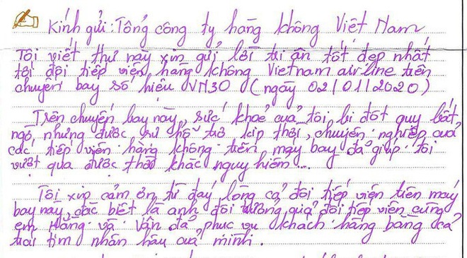 Bức thư của h&agrave;nh kh&aacute;ch bị đột quỵ tr&ecirc;n m&aacute;y bay đi TP HCM  - Ảnh 1.