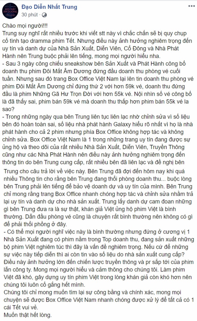 Bị tố nổ doanh thu, đạo diễn Nhất Trung bức xúc: Là Box Office Vietnam làm sai nhưng không chịu sửa đổi - Ảnh 2.