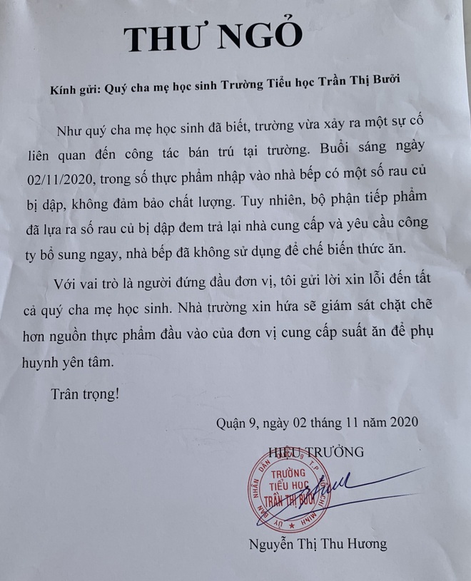 Vụ bữa ăn Tiểu học nghi bị cắt xén: Hiệu trưởng nhà trường chính thức xin lỗi, nhận trách nhiệm - Ảnh 2.