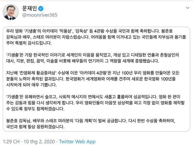 Tổng thống Moon Jae In: Parasite lay động trái tim khán giả toàn thế giới với câu chuyện đậm chất Hàn Quốc - Ảnh 1.