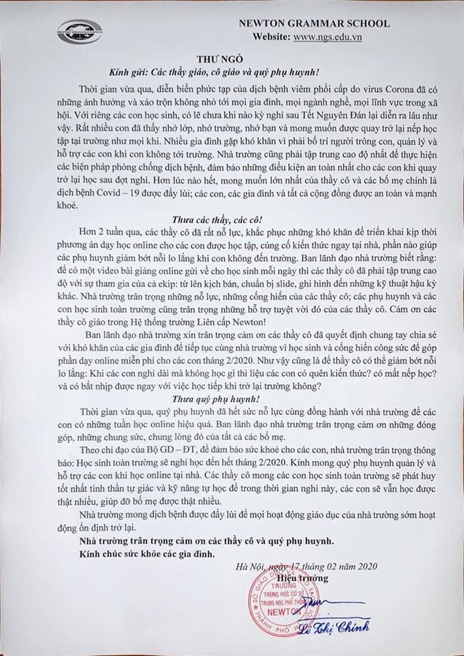 Bị phụ huynh phản ứng khi thu thêm 2,5 triệu đồng/tháng để tổ chức dạy học online, trường Newton ra quyết định bất ngờ - Ảnh 1.