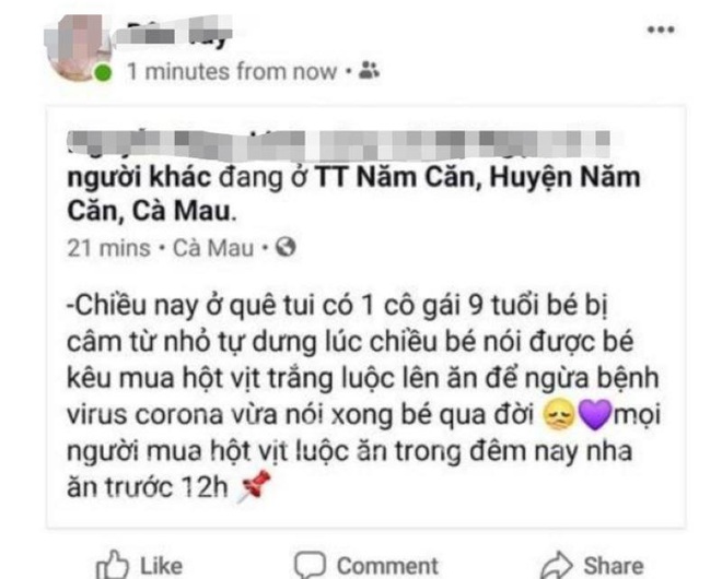 Chia sẻ bài ăn trứng vịt để ngừa corona, người phụ nữ ở Cà Mau bị phạt 10 triệu đồng - Ảnh 1.