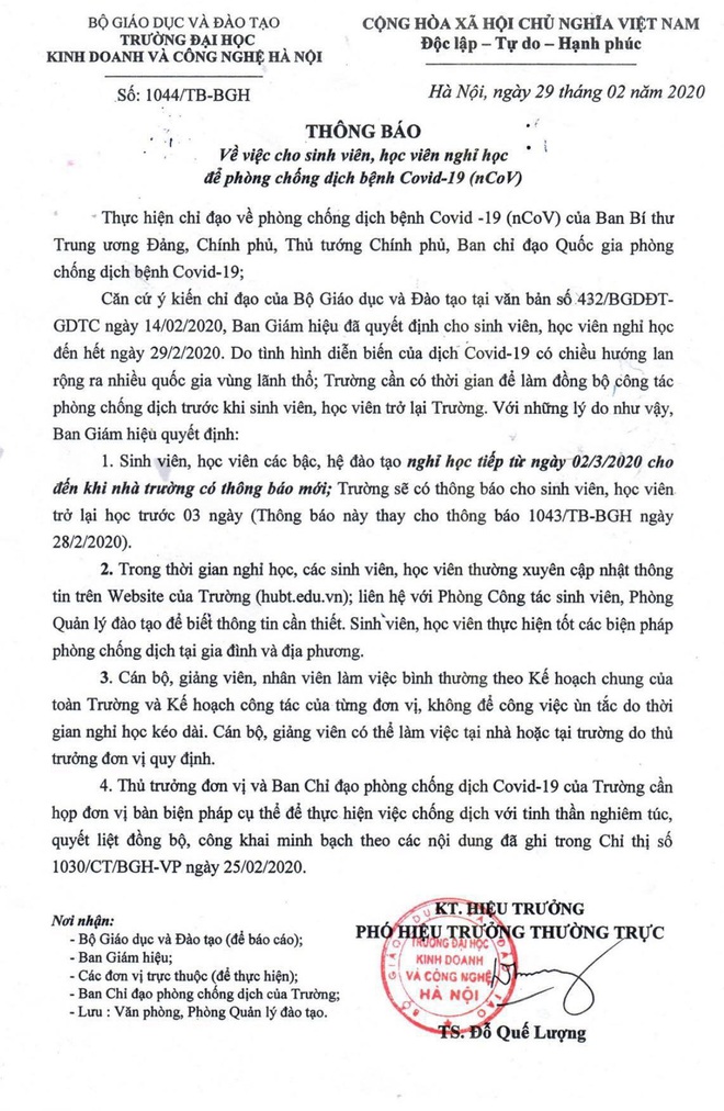 Trường ĐH ở Hà Nội hủy thông báo cũ, cho sinh viên tiếp tục nghỉ đến khi có thông báo mới! - Ảnh 1.