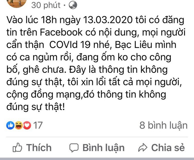 Tung tin “Bạc Liêu có ca ngủm” vì Covid-19, nam thanh niên bị xử lý - Ảnh 3.