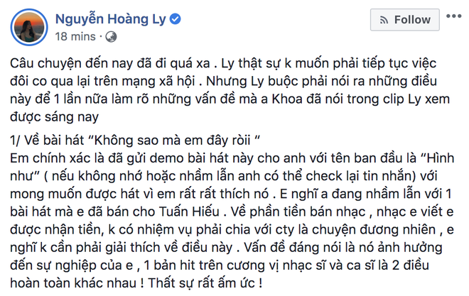 LyLy đăng đàn tố cáo Châu Đăng Khoa đứng tên ca khúc do LyLy sáng tác, khẳng định Em biết ơn anh, nên đã trả ơn anh! - Ảnh 1.