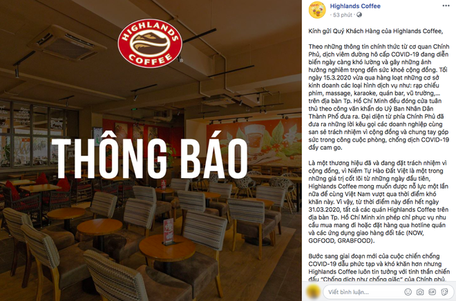 Hưởng ứng lời k&ecirc;u gọi chống dịch Covid-19, loạt thương hiệu cafe lớn đồng loạt đ&oacute;ng cửa tạm thời, hạn chế phục vụ ở TP.HCM - Ảnh 1.
