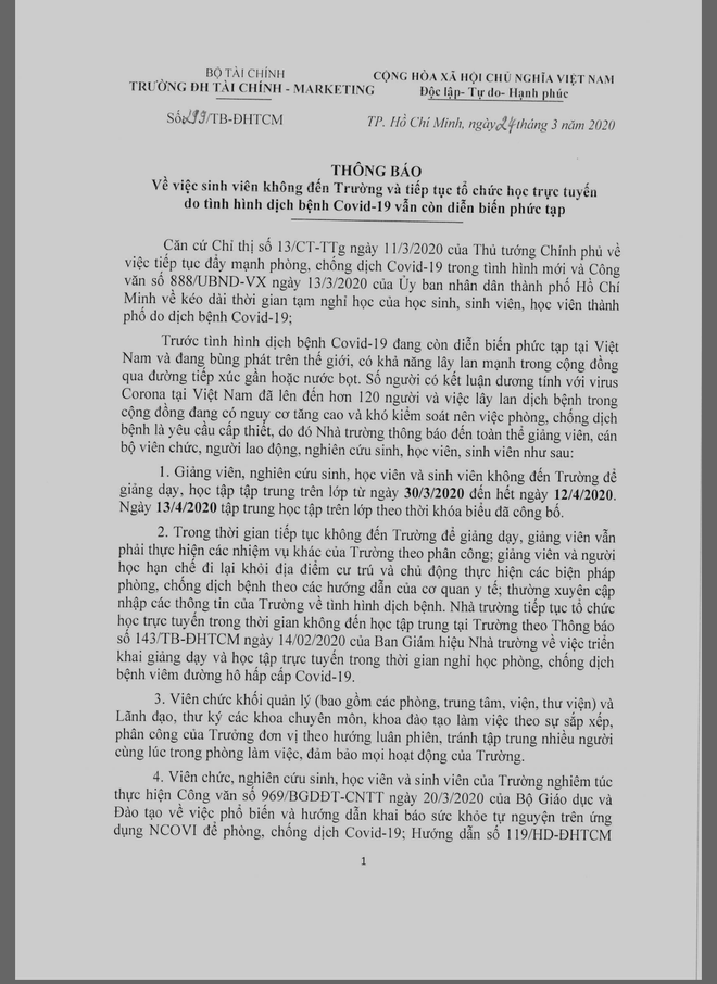 Trường ĐH đầu tiên gửi thông báo khẩn cho sinh viên tiếp tục nghỉ đến hết 12/4 - Ảnh 1.