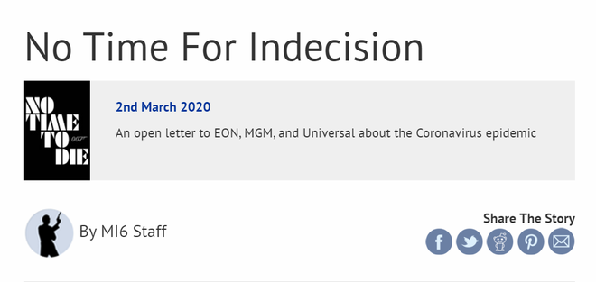 Fan James Bond viết tâm thư đề nghị hoãn chiếu No Time to Die để phòng dịch COVID-19 - Ảnh 1.
