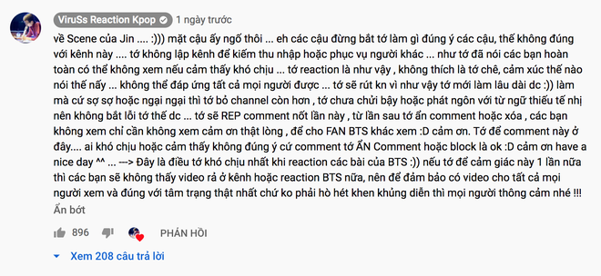 Bị một bộ phận ARMY tấn c&ocirc;ng v&igrave; nhận x&eacute;t về ngoại h&igrave;nh Jin v&agrave; RM khi reaction BTS, ViruSs l&ecirc;n tiếng: Kh&ocirc;ng th&iacute;ch l&agrave; tớ ch&ecirc;, cảm x&uacute;c thế n&agrave;o n&oacute;i thế đấy - Ảnh 4.