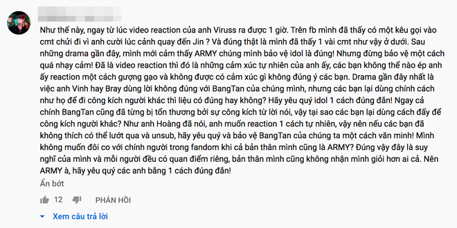 Bị một bộ phận ARMY tấn c&ocirc;ng v&igrave; nhận x&eacute;t về ngoại h&igrave;nh Jin v&agrave; RM khi reaction BTS, ViruSs l&ecirc;n tiếng: Kh&ocirc;ng th&iacute;ch l&agrave; tớ ch&ecirc;, cảm x&uacute;c thế n&agrave;o n&oacute;i thế đấy - Ảnh 8.