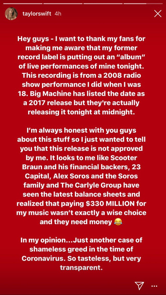 DRAMA đầu ngày: Taylor Swift chỉ trích hãng đĩa của Scooter Braun là tham lam vô liêm sỉ khi phát hành trí trá các màn trình diễn cũ của mình - Ảnh 1.