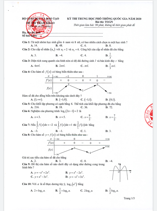 Đề thi minh hoạ THPT Quốc gia năm 2020 Môn Toán - Ảnh 1.