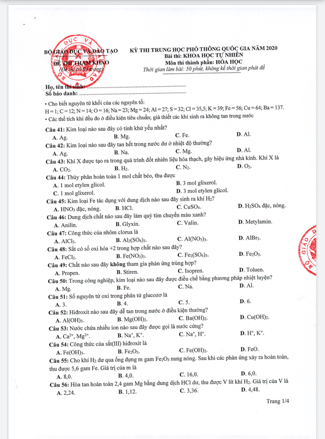 Đề thi minh hoạ THPT Quốc gia năm 2020 Môn Hoá học - Ảnh 1.