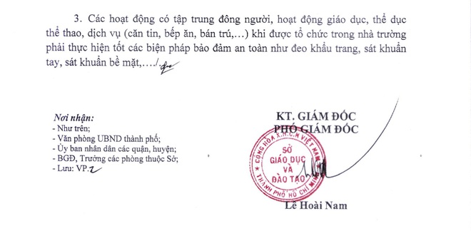 Quyết định mới nhất của Sở GD-ĐT TP.HCM về thực hiện ph&ograve;ng chống dịch: Kh&ocirc;ng gi&atilde;n c&aacute;ch lớp, tổ chức b&aacute;n tr&uacute; - Ảnh 2.