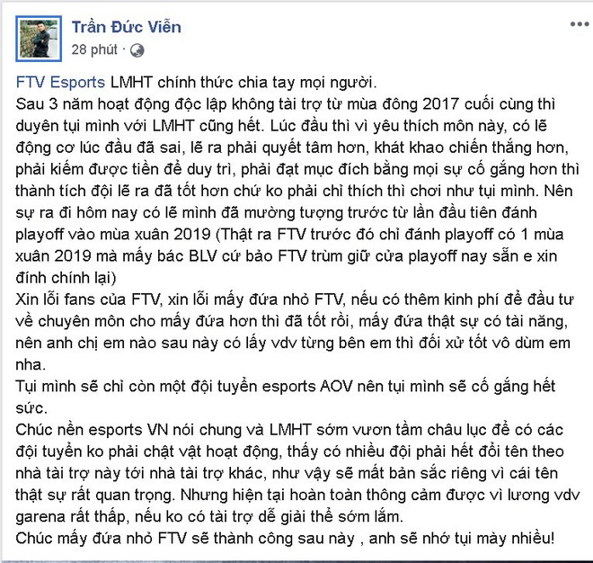 Không giành nổi vé dự VCS Mùa Hè 2020, FTV Esports tuyên bố tan rã - Ảnh 2.