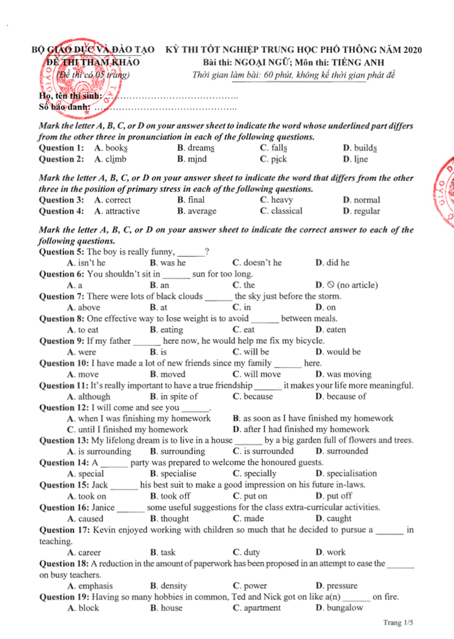 Đề thi tham khảo kỳ thi tốt nghiệp THPT năm 2020 môn Tiếng Anh - Ảnh 1.