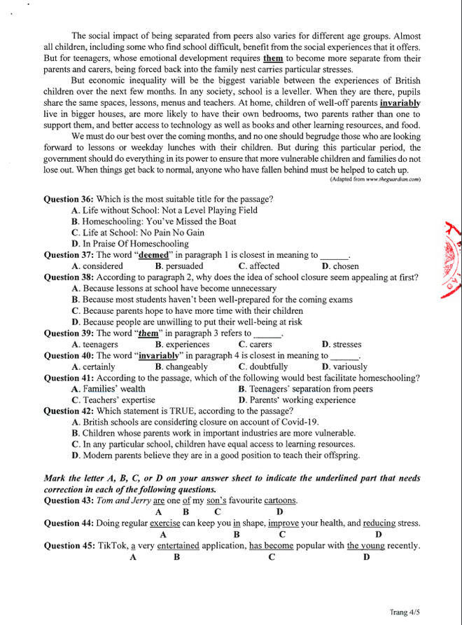 Đề thi tham khảo kỳ thi tốt nghiệp THPT năm 2020 môn Tiếng Anh - Ảnh 4.