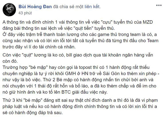 &Ocirc;ng bầu Mocha ZD Esports lần đầu l&ecirc;n tiếng sau l&ugrave;m x&ugrave;m tiền bạc, tố ngược tuyển thủ B&eacute; Mập v&ocirc; kỷ luật - Ảnh 1.