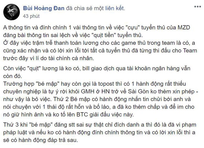 Ông bầu Mocha ZD Esports lần đầu lên tiếng sau lùm xùm tiền bạc, tố ngược tuyển thủ Bé Mập vô kỷ luật - Ảnh 1.