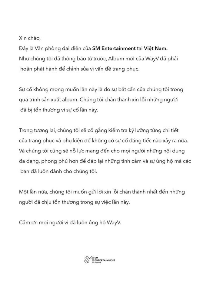 SM Entertainment ch&iacute;nh thức xin lỗi fan Việt sau l&ugrave;m x&ugrave;m sự cố trang phục của WayV &aacute;m chỉ tội &aacute;c chiến tranh - Ảnh 4.