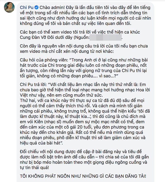 Chi Pu trực tiếp phản ph&aacute;o đanh th&eacute;p fanpage đưa tin sai lệch ph&aacute;t ng&ocirc;n tạo ra tranh c&atilde;i: Chia sẻ của t&ocirc;i bị b&oacute;p m&eacute;o ho&agrave;n to&agrave;n! - Ảnh 4.