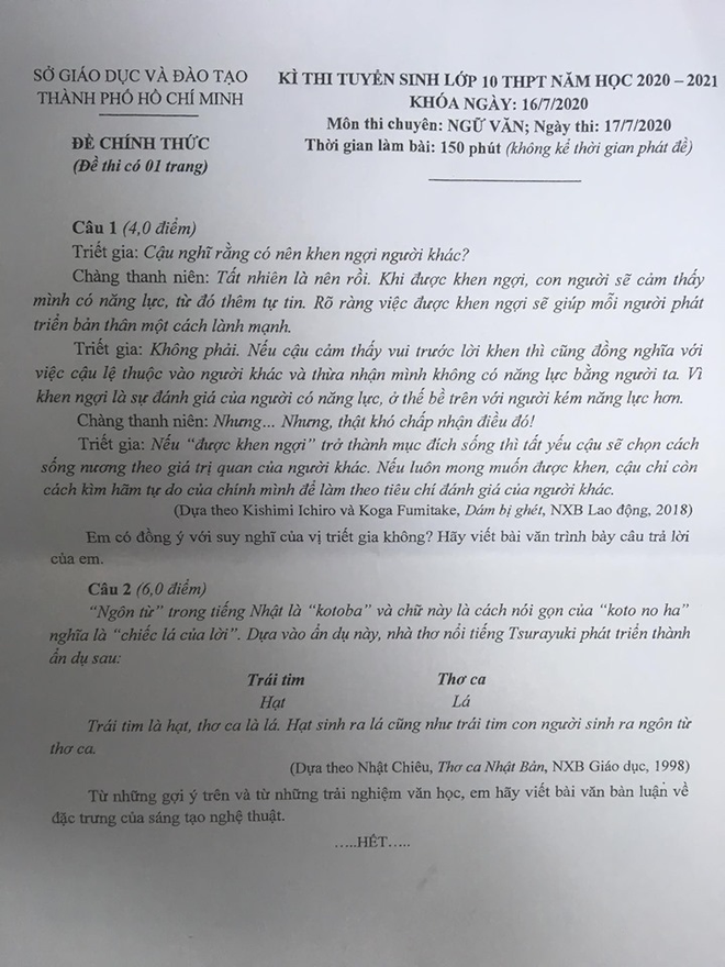 Đề thi, Đáp án thi vào lớp 10 chuyên Văn và Toán 2020 TP.HCM - Ảnh 1.