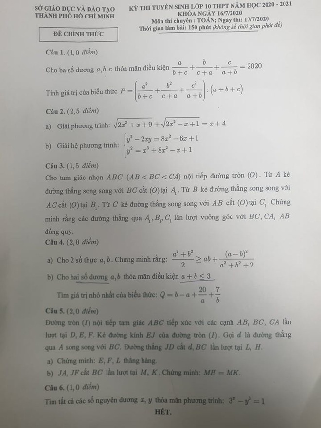 Đề thi, Đáp án thi vào lớp 10 chuyên Văn và Toán 2020 TP.HCM - Ảnh 2.