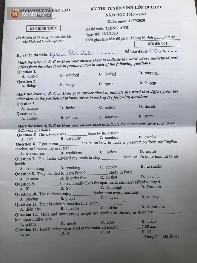 Đề thi tuyển sinh vào lớp 10 môn tiếng Anh 2020 Hà Nội: Thí sinh tự tin 9.5, 10 điểm - Ảnh 1.