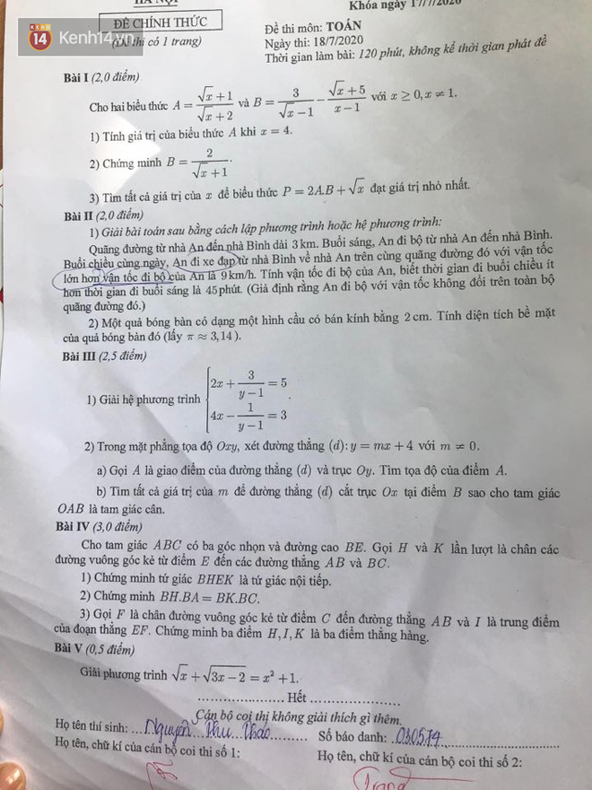 Đề thi tuyển sinh vào lớp 10 môn Toán 2020 Hà Nội: Dễ lấy điểm 9 - Ảnh 1.