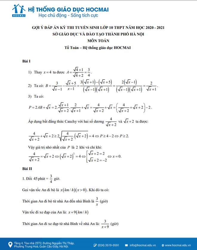 Đáp án đề thi tuyển sinh vào lớp 10 môn Toán 2020 Hà Nội - Ảnh 1.