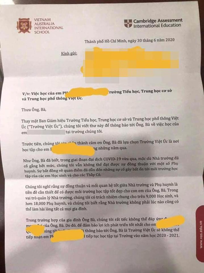 Vụ việc phụ huynh trường Quốc tế Việt Úc nhận thư không thể tiếp tục tiếp nhận học sinh vào năm học tới, trường chính thức phản hồi - Ảnh 1.