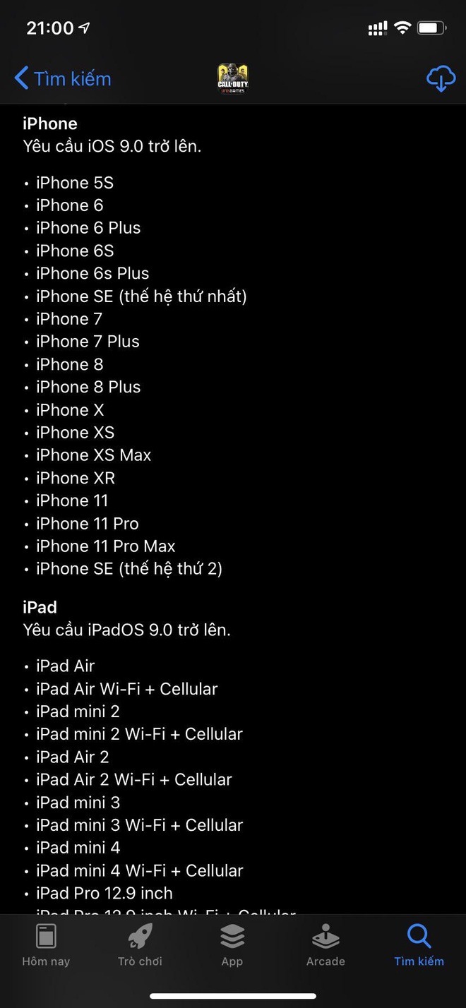 Giao diện mới trong App Store mục mô tả dòng máy tương thích