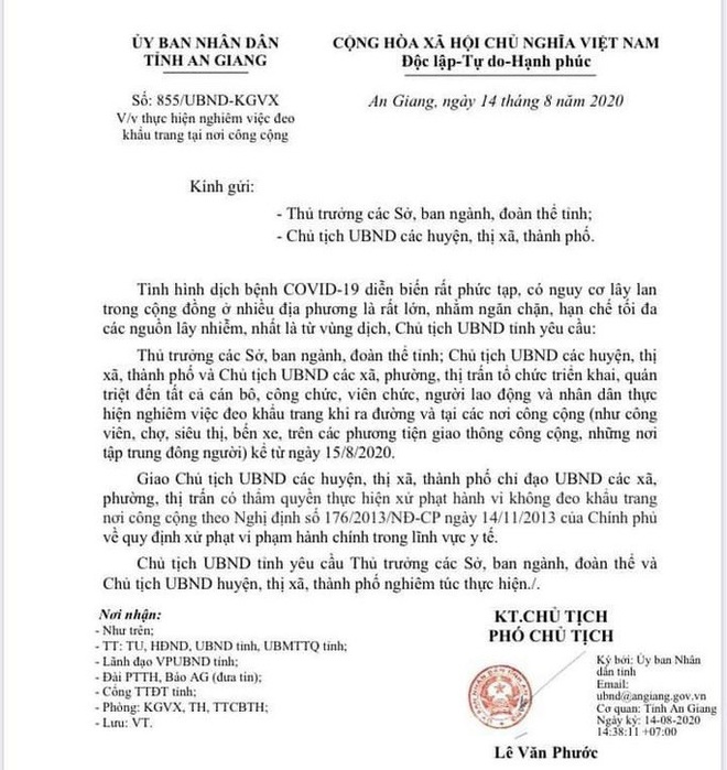Từ 15-8, An Giang xử nghi&ecirc;m c&aacute;n bộ kh&ocirc;ng đeo khẩu trang ph&ograve;ng, chống Covid-19 - Ảnh 1.