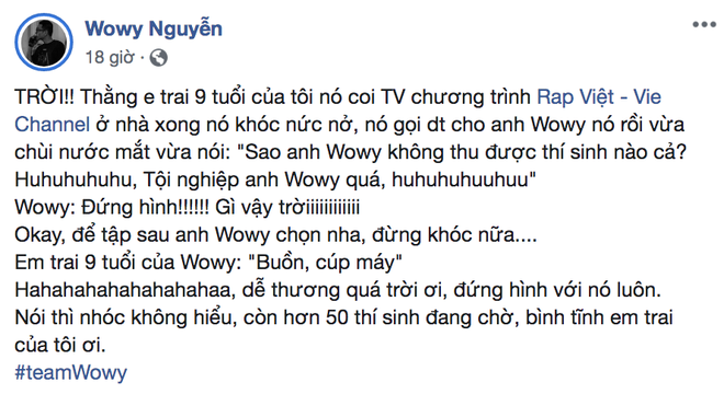Em trai 9 tuổi của Wowy khóc nức nở khi anh mình không thu được thí sinh nào trong tập 1 Rap Việt - Ảnh 1.