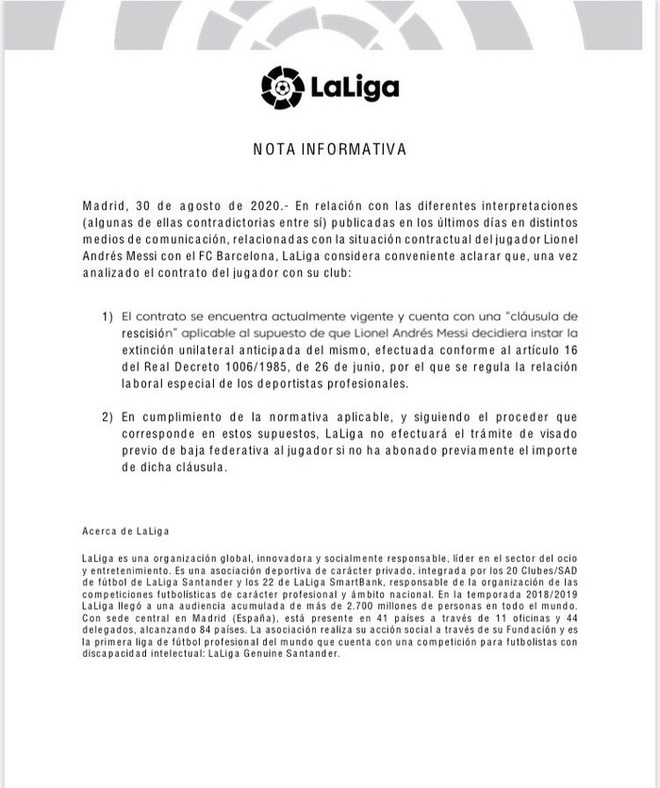 Chính thức: La Liga vào cuộc, tuyên bố đội nào muốn nhấc Messi phải chồng đủ 700 triệu euro - Ảnh 1.