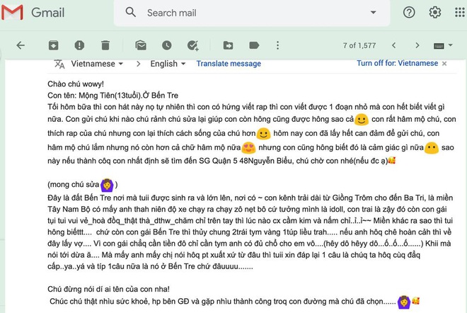 Wowy c&ocirc;ng khai bức thư của fan nh&iacute; 13 tuổi lần đầu viết rap, tiện thể... dọa đ&aacute;nh th&iacute; sinh Rap Việt nếu viết email kh&ocirc;ng r&otilde; r&agrave;ng - Ảnh 5.