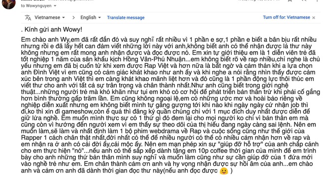 Wowy công khai bức thư của fan nhí 13 tuổi lần đầu viết rap, tiện thể... dọa đánh thí sinh Rap Việt nếu viết email không rõ ràng - Ảnh 2.