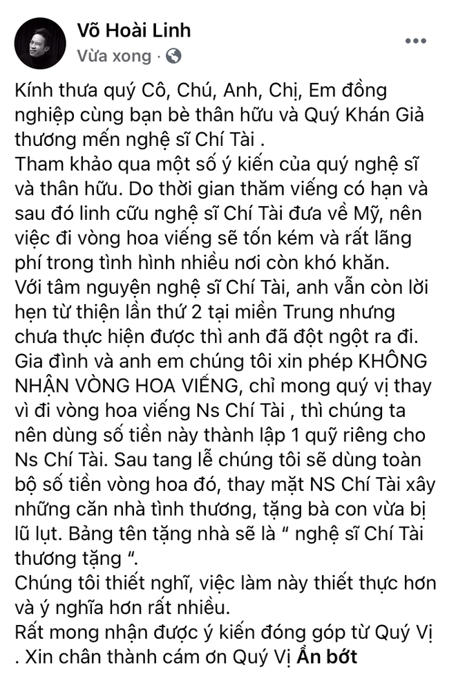NS Hoài Linh, Việt Hương thông báo gia đình miễn nhận phúng điếu, mong sẽ lập quỹ từ thiện mang tên cố NS Chí Tài - Ảnh 2.