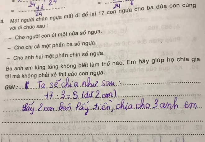 Hỏi: Chia đều 17 con ngựa cho 3 người?, đ&aacute;p &aacute;n th&ocirc;ng minh của cậu nh&oacute;c khiến gi&aacute;o vi&ecirc;n cười lăn, c&ograve;n b&agrave; mẹ th&igrave; chua mặt qu&aacute;! - Ảnh 2.