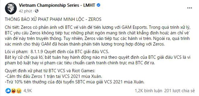Zeros nhận &aacute;n phạt từ VCS do đ&ograve;i lương qu&aacute; nhiều, SBTC Esports cũng bị vạ l&acirc;y - Ảnh 1.