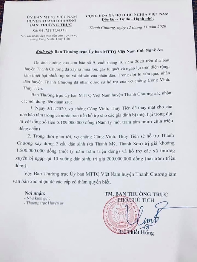 Bộ C&ocirc;ng an đề nghị 2 huyện ở Nghệ An cung cấp th&ocirc;ng tin về việc cứu trợ lũ lụt của ca sỹ Thủy Ti&ecirc;n - Ảnh 3.