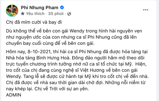 Giữa đêm fanpage thông báo chi tiết chuyến bay cuối cùng của ca sĩ Phi Nhung, tiết lộ về tang lễ ở Mỹ - Ảnh 2.